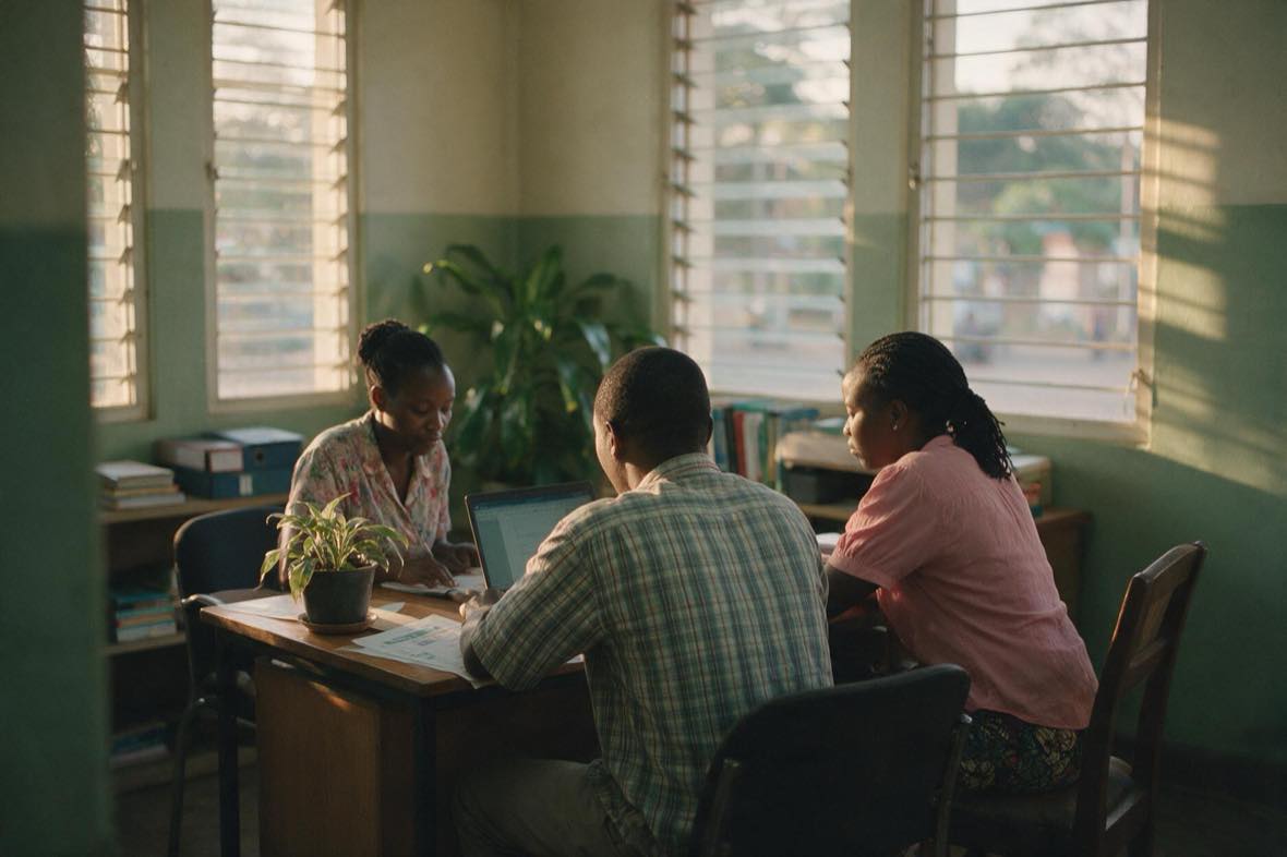 Three colleagues working together at a shared desk in an office in Blantyre, late afternoon light through louvred windows.