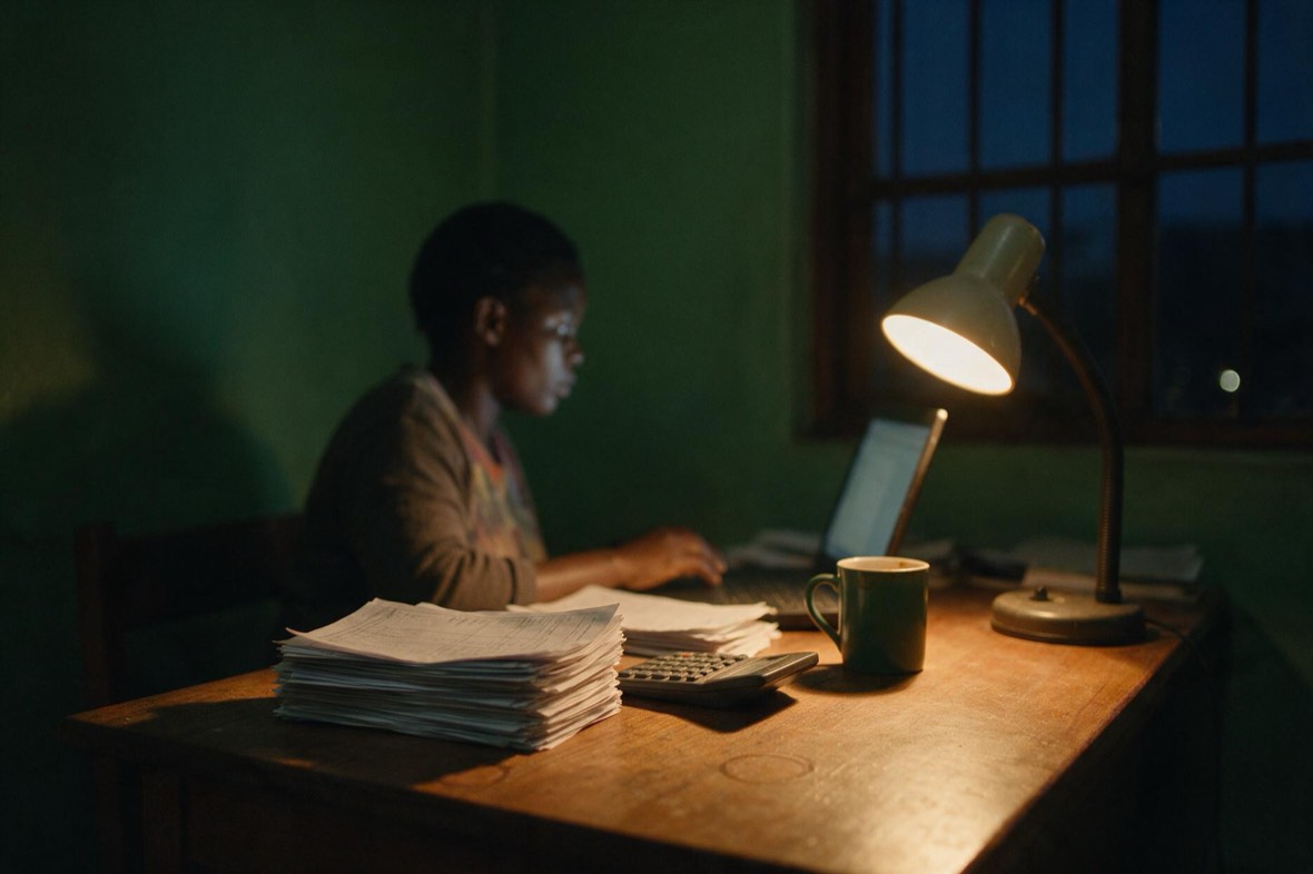 An accountant working at a desk in the evening by lamplight, beside a tall stack of printed payslips and a calculator.