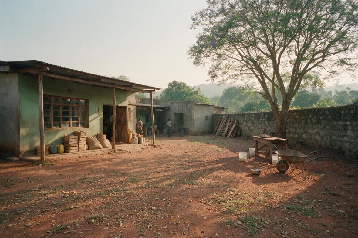 A small trading company yard in Malawi early in the morning, staff beginning the working day in the distance.